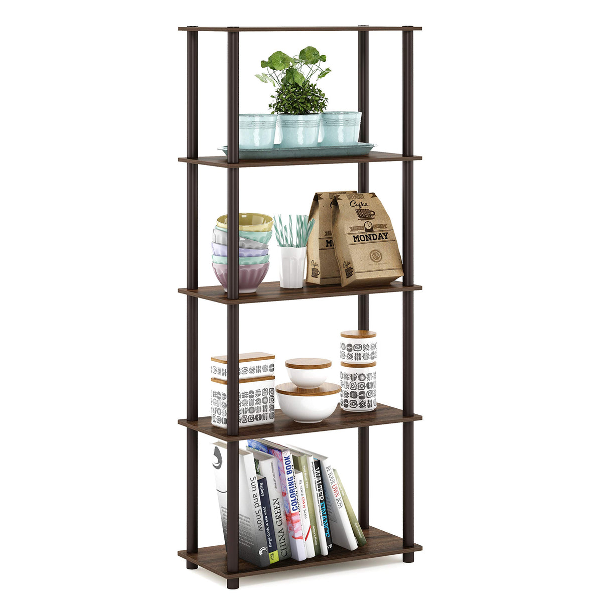 Furinno TURN-N-TUBE Corner Shelf, 5-Tier Corner Bookshelf, Open Storage Shelves, for Organization and Storage, Living Room, Home Office, Garage, Bedroom, Espresso