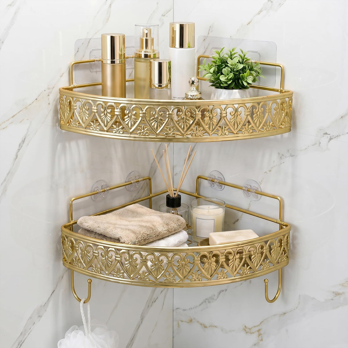 Corner Shower Shelves - 2 Tier No Drilling Shower Caddy Adhesive, Stainless Steel Shower Organizer with 4 Hooks, Wall Mounted Shower Rack for Inside Shower Corner Shelf, Gold Floating Shelves