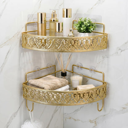 Corner Shower Shelves - 2 Tier No Drilling Shower Caddy Adhesive, Stainless Steel Shower Organizer with 4 Hooks, Wall Mounted Shower Rack for Inside Shower Corner Shelf, Gold Floating Shelves