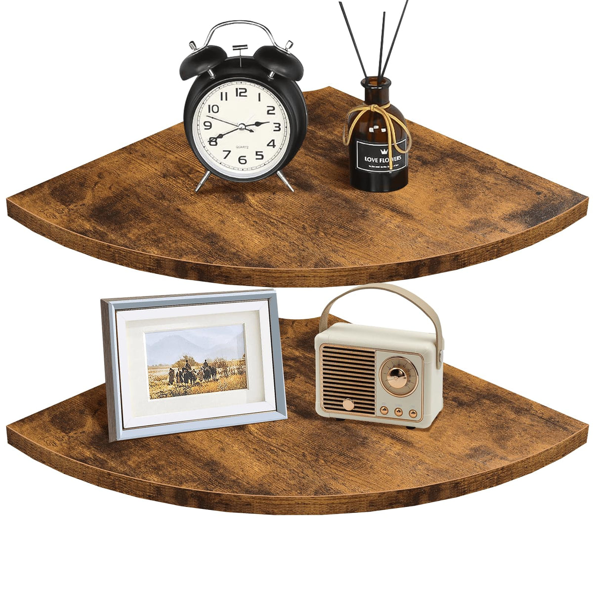 Homode Corner Floating Shelves, Set of 4 Round Corner Shelf Wall Mount with Cord Hole, 12 Inch Wood Curved Corner Hanging Shelf for Cable Box, Speaker, TV Cords, Books, Plants, White