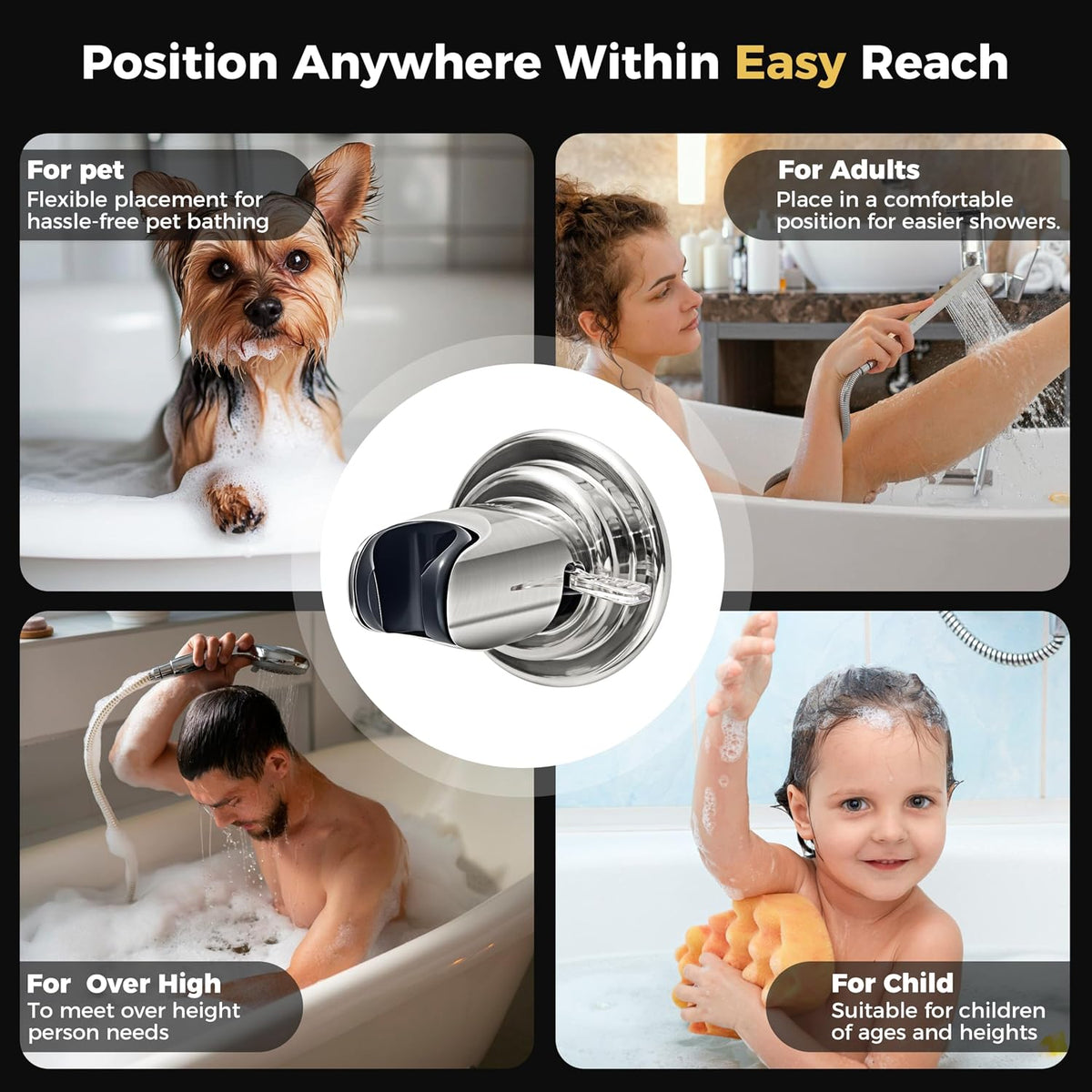 HOME&I Suction Cup Shower Head Holder for Handheld Shower–Includes 3M Adhesive Disc, No Drill, 3-Inch Vacuum Suction, Removable & Repositionable Vertical Wall Mount,Waterproof ABS,Universal 22mm Slot