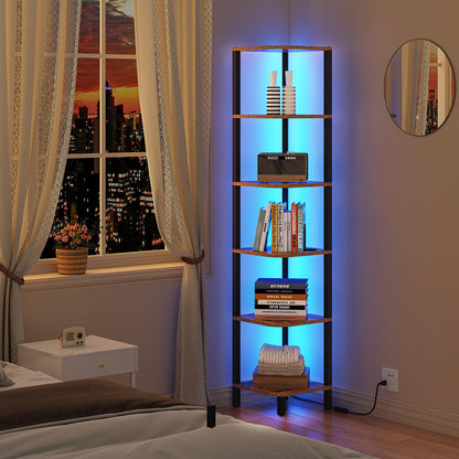 TUTOTAK Corner Shelf with LED Light, 6-Tier Corner Bookshelf