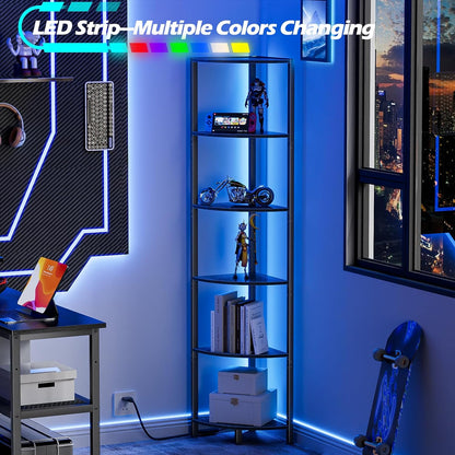 Furnulem 6 Tier Corner Shelf with LED Light, 67.5" Black Narrow Bookshelf