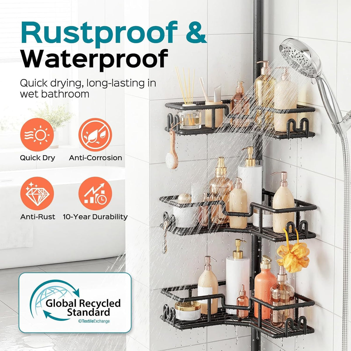 HAMITOR Shower Caddy Tension Pole: 4-Tier Adjustable Corner Shelf Black