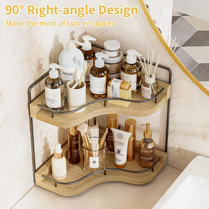 2-Tier Corner Bathroom Counter Organizer, Larger, Light Walnut