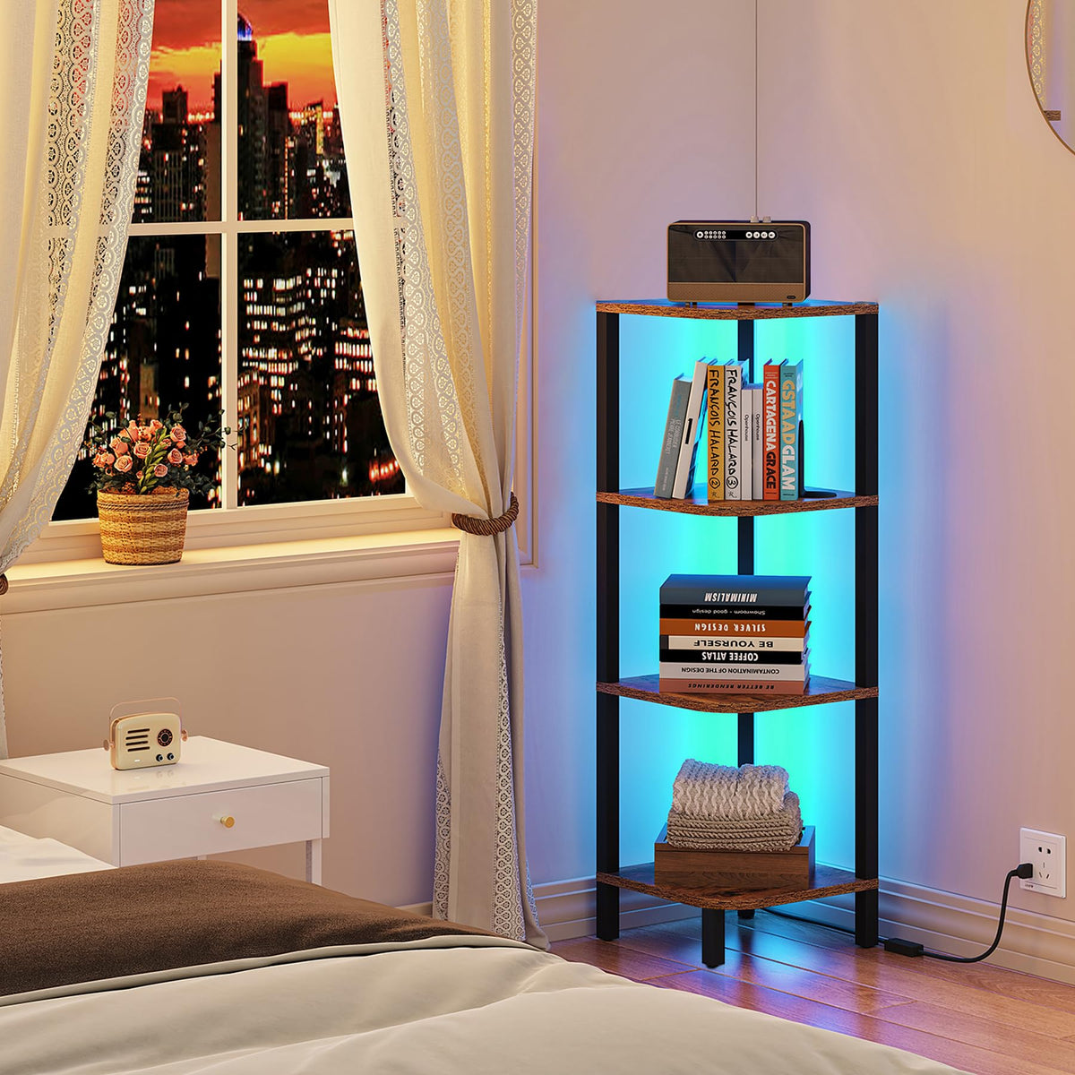 TUTOTAK Corner Shelf with LED Light, 6-Tier Corner Bookshelf