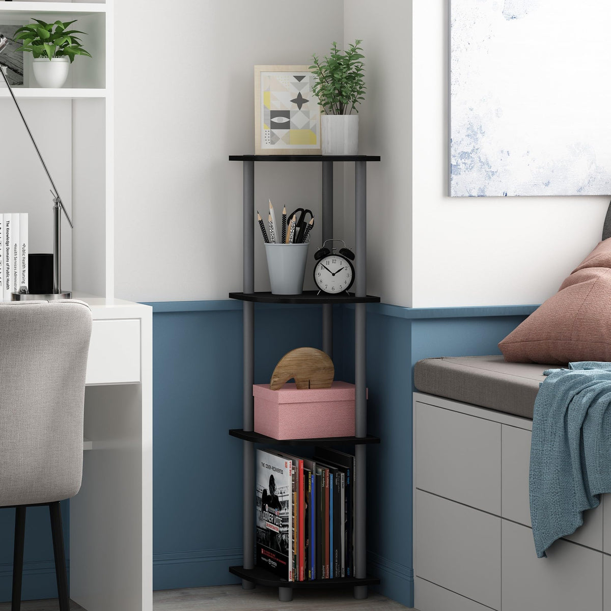Furinno Turn-N-Tube Corner Shelf, 5-Tier Corner Bookshelf, Open Storage Shelves, for Organization and Storage, Living Room, Home Office, Garage, Bedroom, Black Espresso