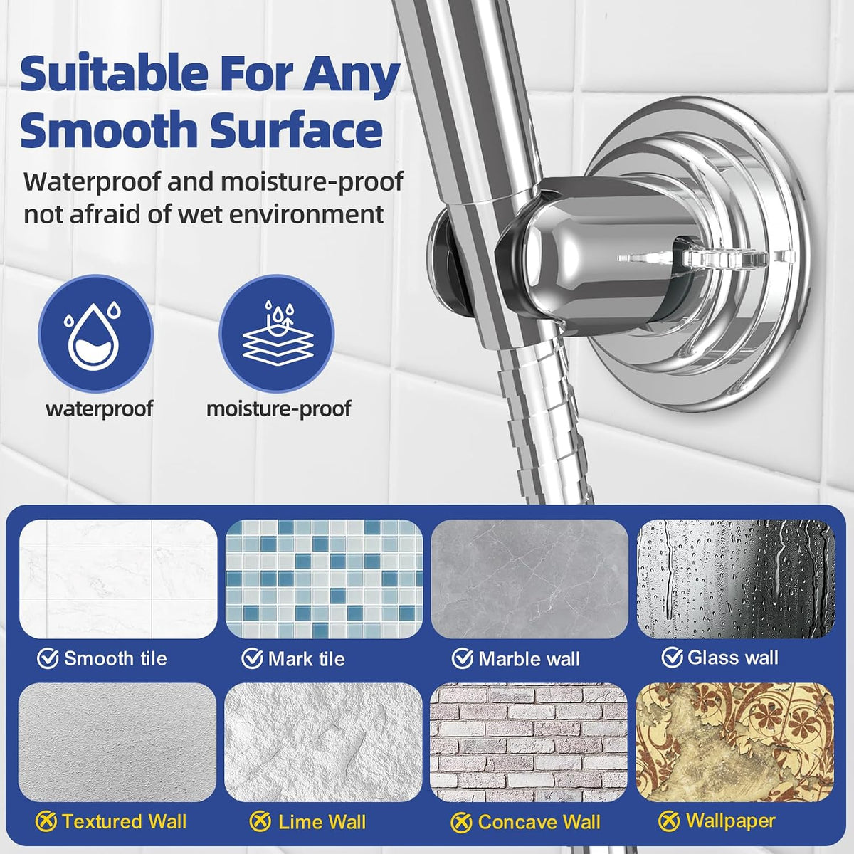 Shower Head Holder Wall Mount: Handheld Suction Cup Shower Holder, Adjustable No Drill Bathroom Wall Mount for Tile/Glass (Chrome)