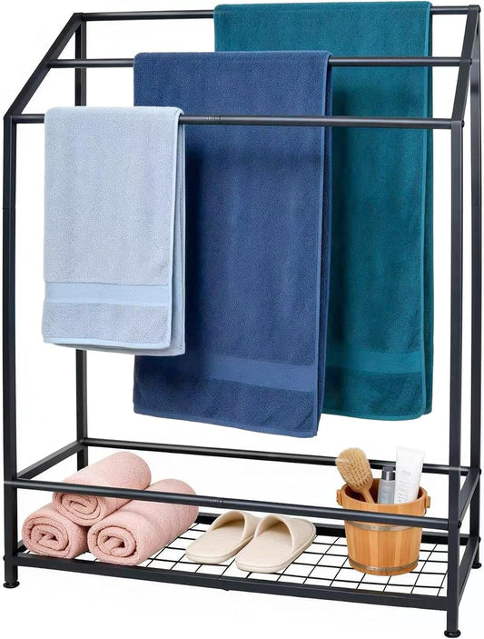 Hjarta Free Standing Towel Rack, 26 Inch Wide 3-Bar Stand with Shelf
