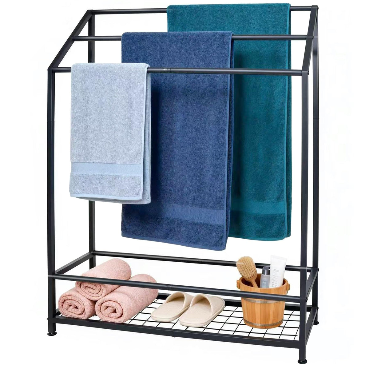 Hjarta Free Standing Towel Rack, 26 Inch Wide 3-Bar Stand with Shelf