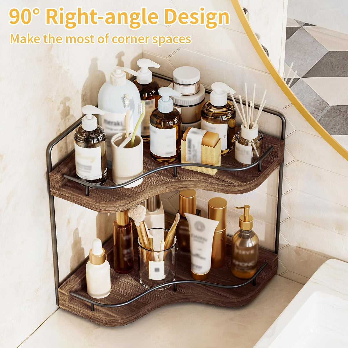 2-Tier Corner Bathroom Counter Organizer for Storage, Dark Brown