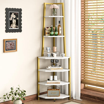 VECELO 6 Tier Corner Shelf 69 Inch Industrial Bookshelf with Metal Frame, Multipurpose Tall Plant Stand with Opening Display Shelves for Living Room, Bedroom, Home Office, Small Space, Brown