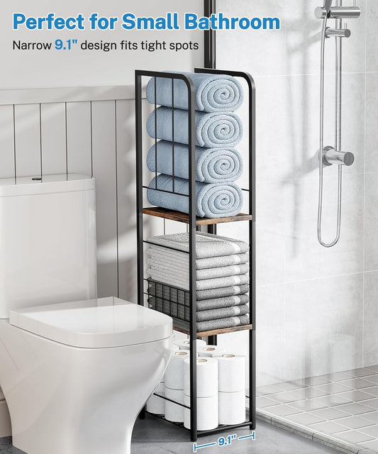 KIMBORA Narrow Towel Storage for Bathroom, 3-Tier Free Standing Bathroom Towel Rack Organizer with Shelf for Small Bath, Pool, Brown