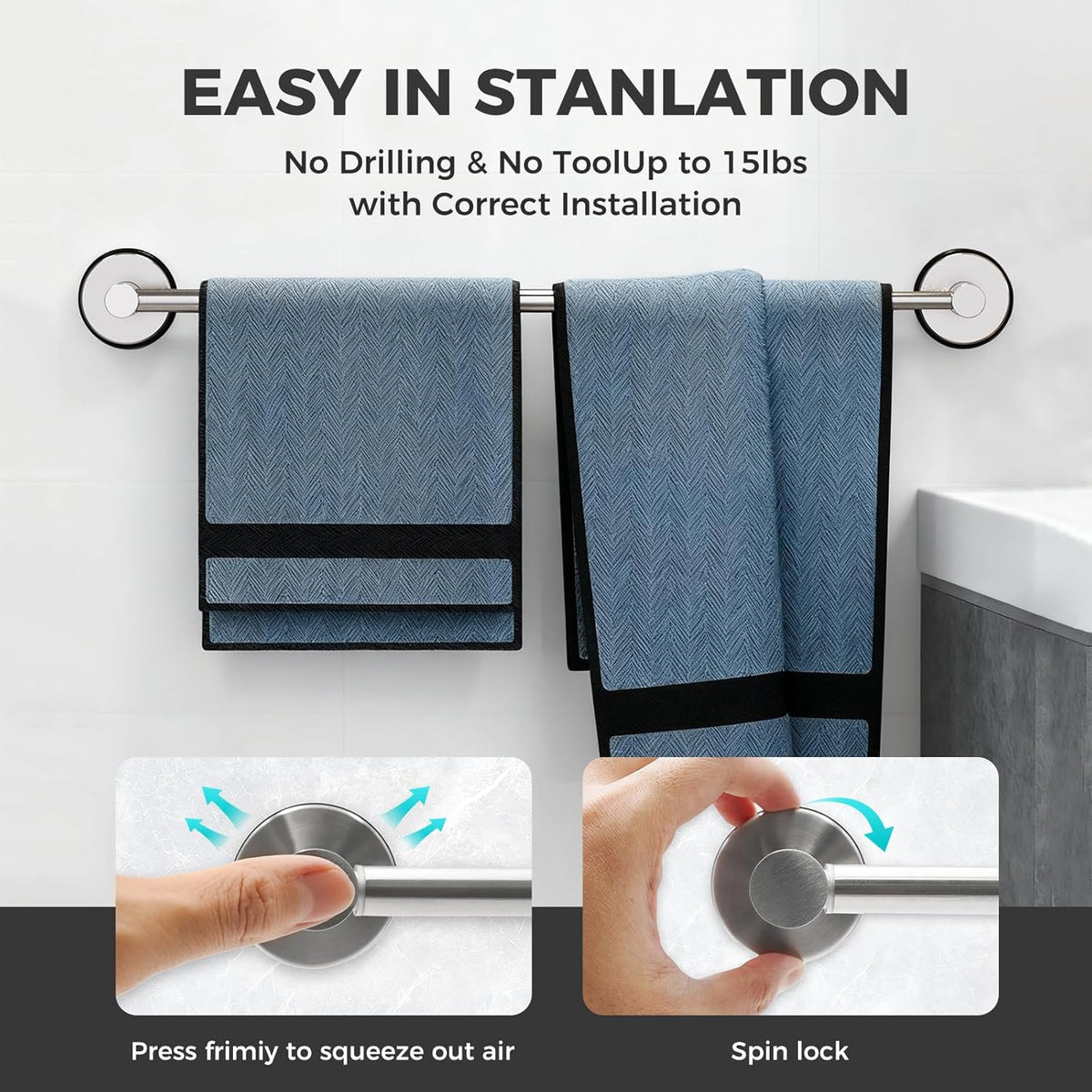 Adjustable Suction Cup Towel Bar for Bathroom Wall,14.6Inch~24 Inch Towel Racks for Bathroom,Stainless Steel Bath Towel Holder for Shower(Brushed Silver)