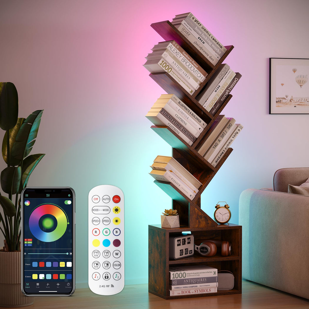 SUNMORY 6 Tier Tree Bookshelf, Tall Small Bookcase with Storage Cabinet