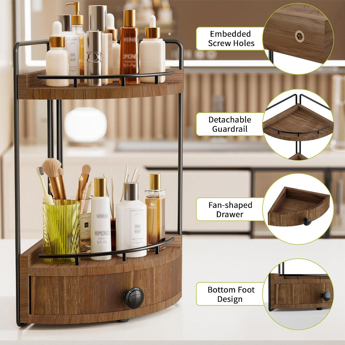 2-Tier Corner Bathroom Counter Organizer with Drawer, Dark Brown