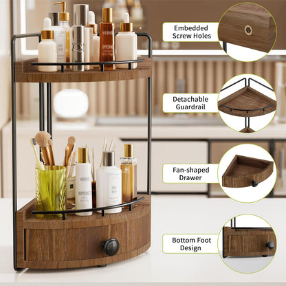2-Tier Corner Bathroom Counter Organizer with Drawer, Dark Brown