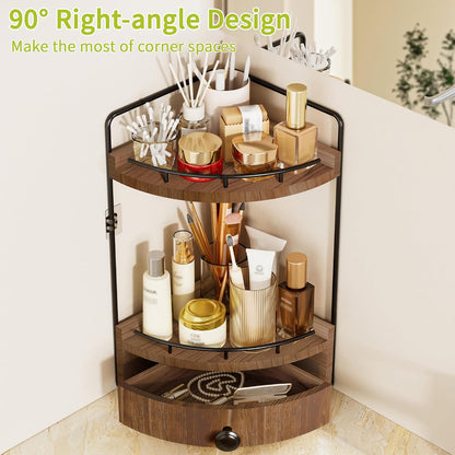 2-Tier Corner Bathroom Counter Organizer with Drawer, Dark Brown