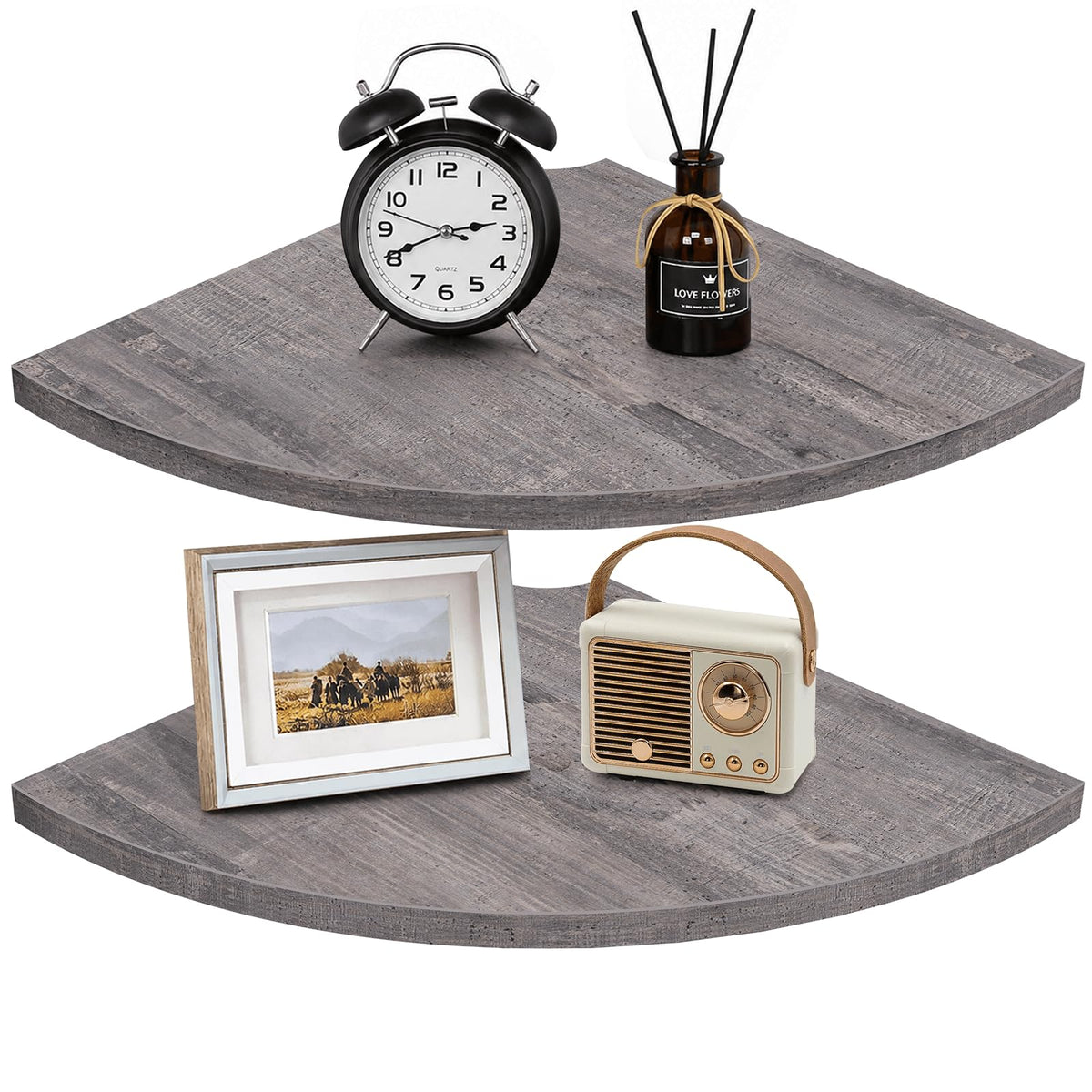 Homode Corner Floating Shelves, Set of 4 Round Corner Shelf Wall Mount with Cord Hole, 12 Inch Wood Curved Corner Hanging Shelf for Cable Box, Speaker, TV Cords, Books, Plants, White