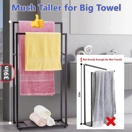 39-Inch Tall Towel Rack for Bathroom, 2-Tier Freestanding Towel Stand with Storage Shelf for Oversized Bath Towels, Poolside, Black, ALHAKIN