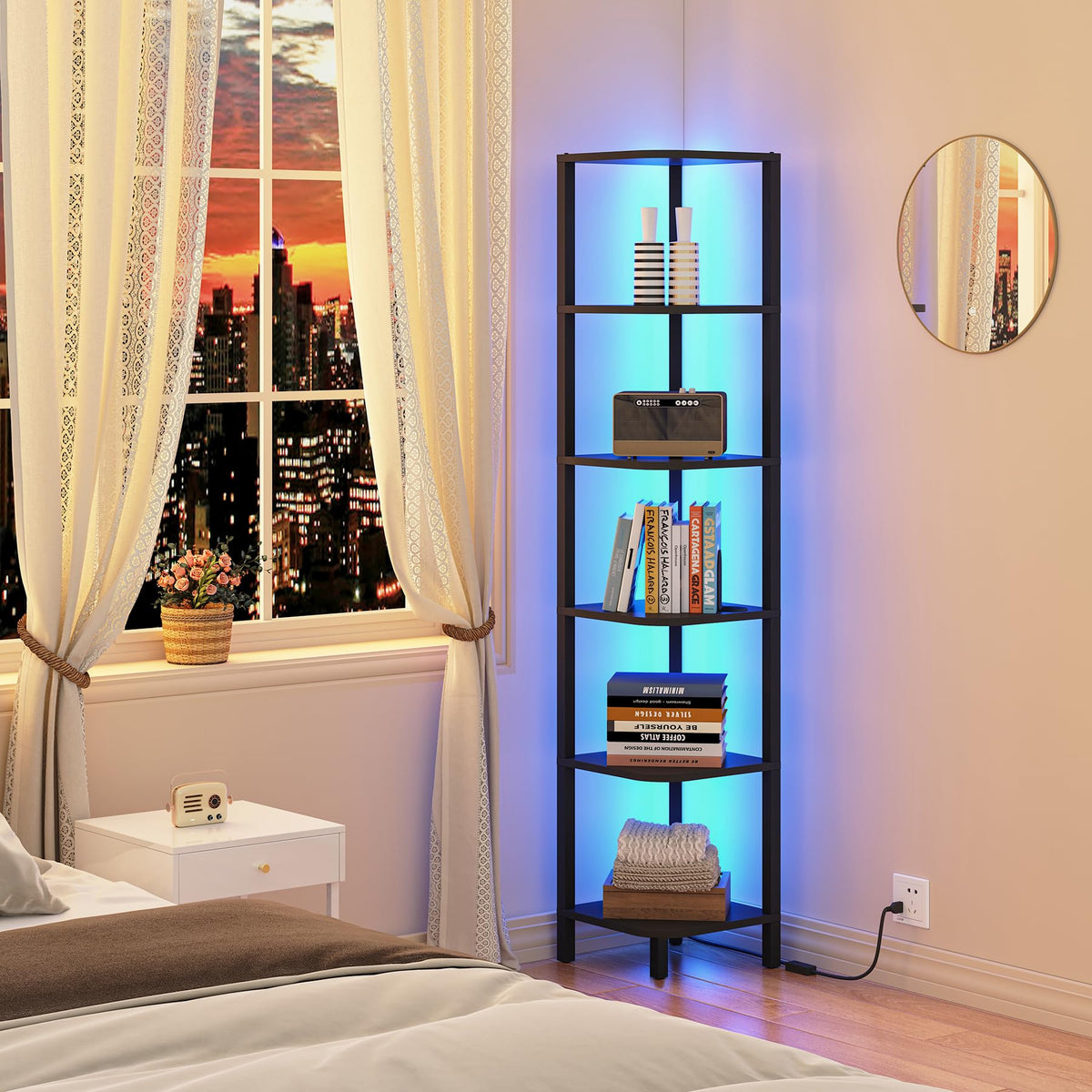 TUTOTAK Corner Shelf with LED Light, 6-Tier Corner Bookshelf