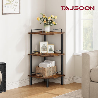 Tajsoon 3 Tier Corner Shelf Stand, Small Corner Table, Rustic Brown