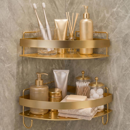 Corner Shower Shelves - 2 Tier No Drilling Shower Caddy Adhesive, Stainless Steel Shower Organizer with 4 Hooks, Wall Mounted Shower Rack for Inside Shower Corner Shelf, Gold Floating Shelves