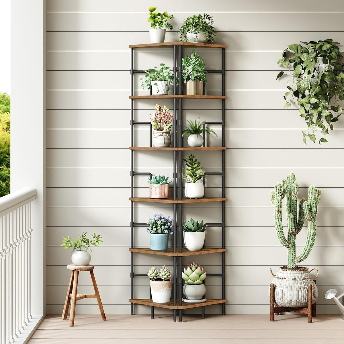MAHANCRIS 6-Tier Corner Shelf, 65" Tall Corner Bookshelf with Metal Frame, Narrow Display Shelf Stand, Industrial Corner Bookcase for Living Room, Bedroom, Home Office, Rustic Brown CSHR6601