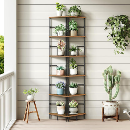 MAHANCRIS 6-Tier Corner Shelf, 65" Tall Corner Bookshelf with Metal Frame, Narrow Display Shelf Stand, Industrial Corner Bookcase for Living Room, Bedroom, Home Office, Rustic Brown CSHR6601