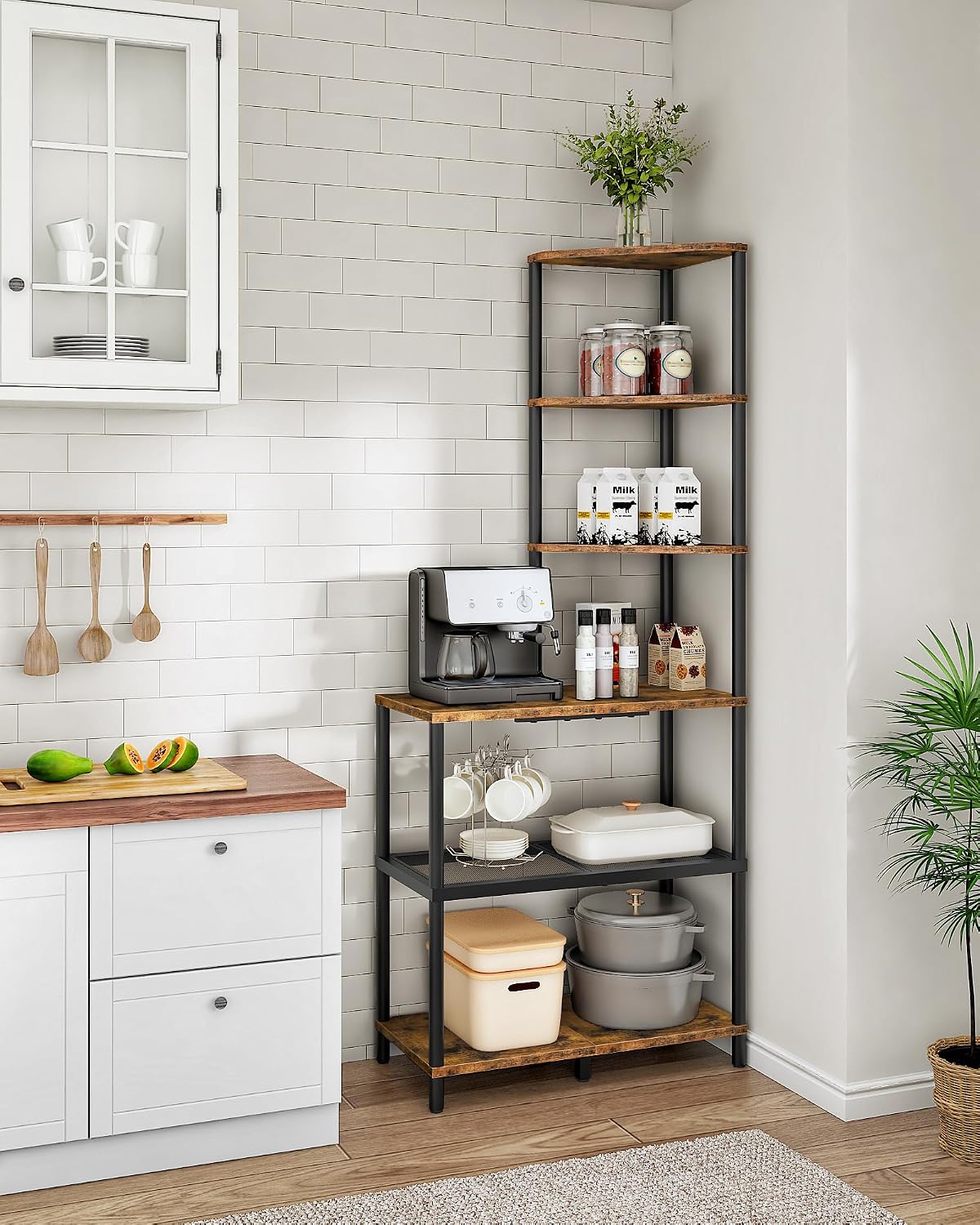 CHOEZON 6-Tier Corner Shelf, Industrial Corner Bookshelf with Desk Top, Diamond-Shaped Storage Shelves, Display Stand for Small Spaces, Living Room, Home Office, Foyer, Rustic Brown and Black TCJ70BF