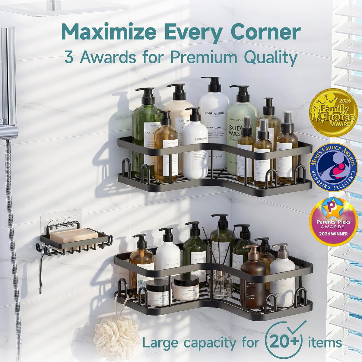 Veken Corner Shower Caddy 3-Pack, Advanced Rustproof Design&Stable Storage